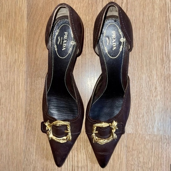 Vintage Prada Kitten Heels | Brown Leather Pointed Toe with Gold Snake Buckle - Picture 2 of 10